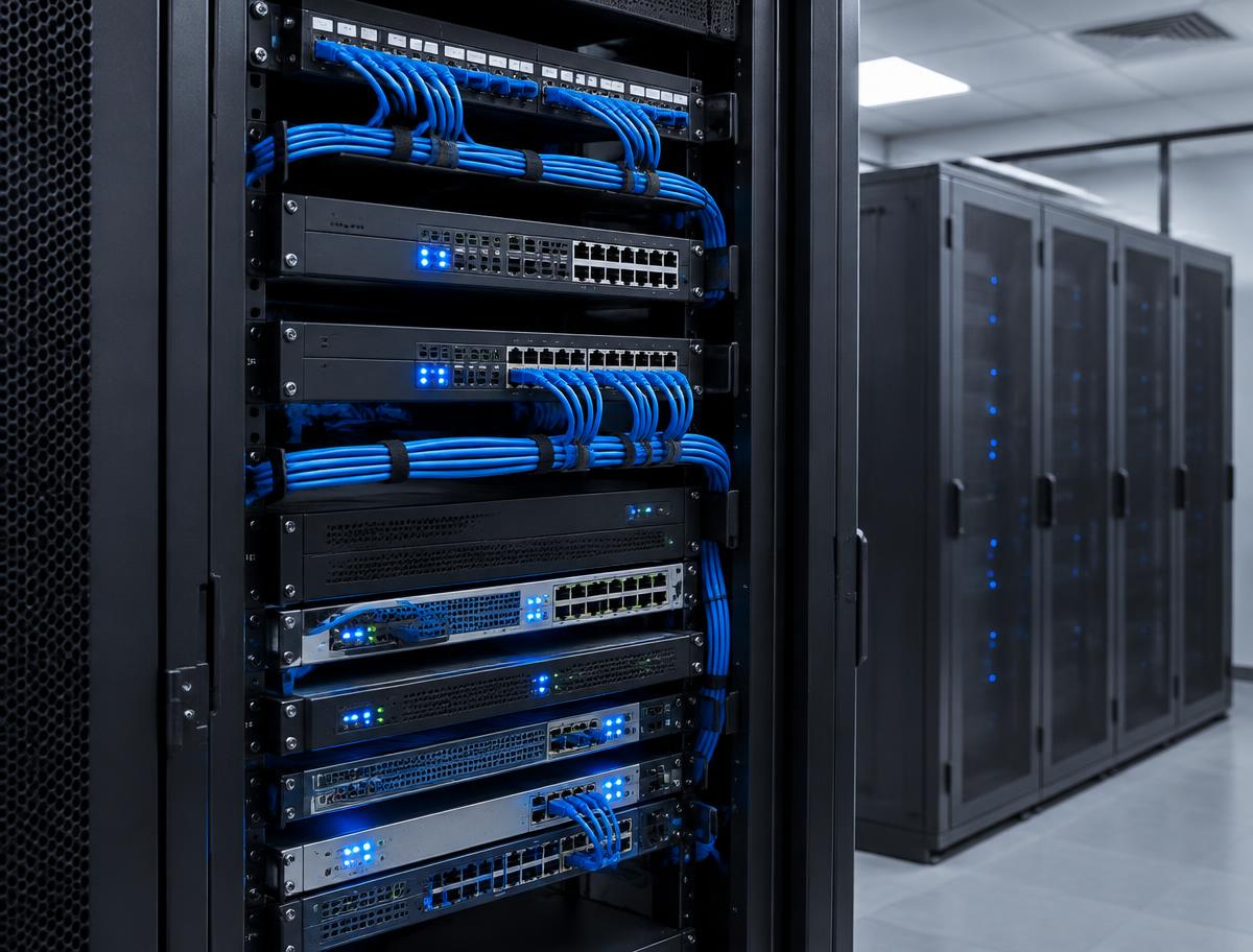 Rack de rede com switches e cabeamento estruturado